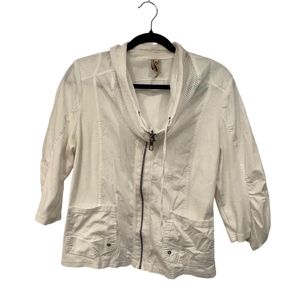 XCVI Mixed Media Zip Up Jacket PL Petite Large White Cowl Neck Mesh Lagenlook